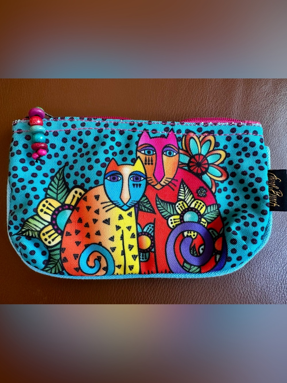 Laurel Burch colorful Cat makeup bag/pouch. Preowned Clean. Colorful